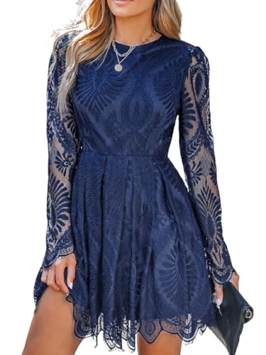 CUPSHE Women's Sheer Insert Scallop Trim Lace Coaktail Dress Long Sleeve Flared A-Line Mini Dresses