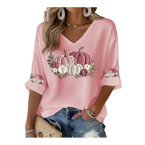 Women's Casual Pink Pumpkin Floral Waffle T-Shirt Breast Cancer Awareness Top