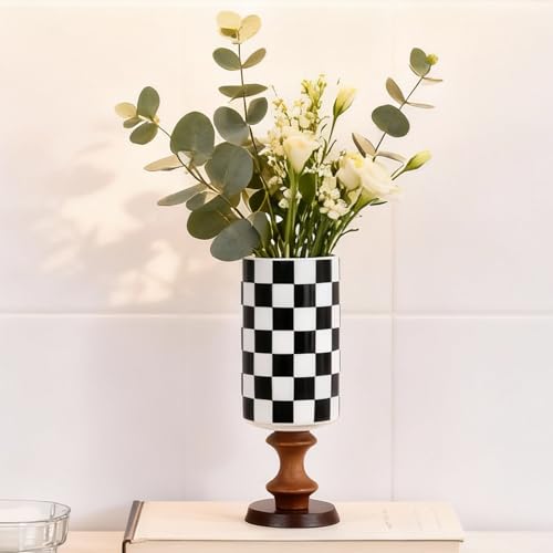 Black and White Ceramic Vase Whit Wooden Base, Mid Century