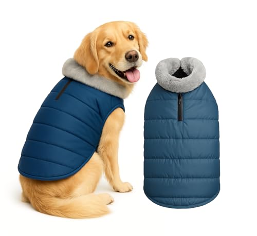 Image of The Pets Company Dog Winter Coat Jacket, Clothes, Windproof, Waterproof, Light Weight, Washable, Ultra Warm Thick Fleece Lined Dog Vest for Cold Weather Protection, (Navy, Large - 26 Inch)