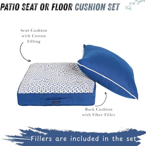 Image of Blue Woven Quilted Floor Cushion Set 60x60x10 CM with Fillers & Back Cushion, Large Size for Seating, Patio Seat, Meditation, Yoga, Pooja, Guests, Living 24x24x4