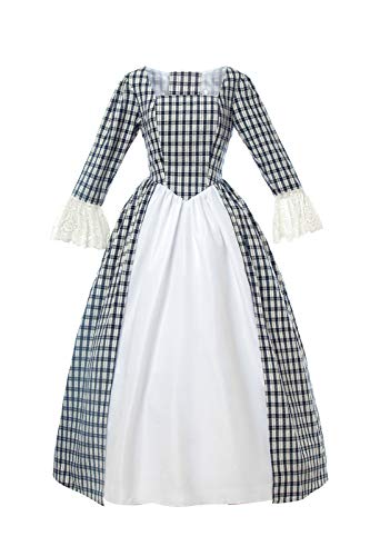 Nuoqi Pioneer Colonial Costume Dress Womens 19th Civil War Dress Lace Sleeves Plaid Pilgrim Prairie Costume Navy Blue M