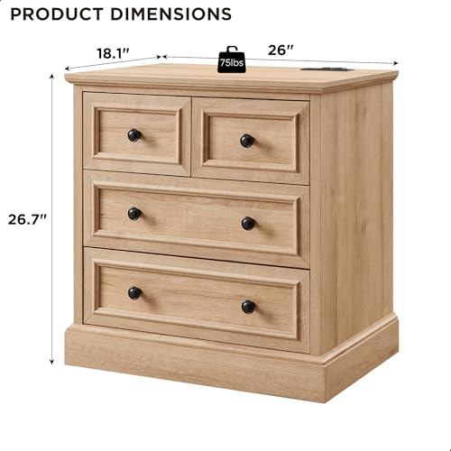 Image of ACCOHOHO Farmhouse Nightstand with 4 Drawers, 26 inch Wide End Table with Storage, Modern Nightstand with Charging Station for Bedroom, Natural Oak