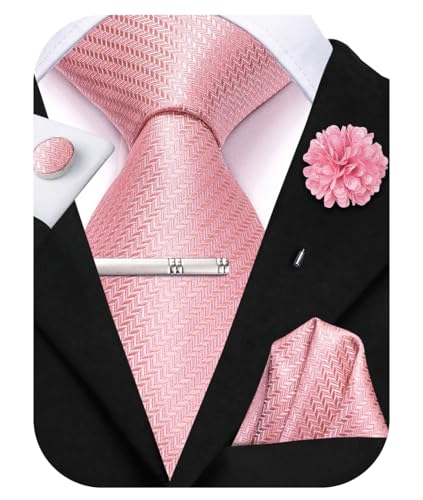 Image of Hi-Tie Solid Light Pink Ties for Men Classic Neckties and Pocket Square Lapel Pin Silver Tie Clip Cufflinks Set Wedding Business 6PCS