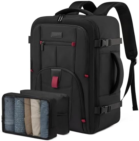 LOVEVOOK Travel Laptop Backpack for Men, 45L Large Carry On Backpack Personal Item Size, Airline Approved Waterproof Bookbag with 2 Packing Cubes Fits 17.3