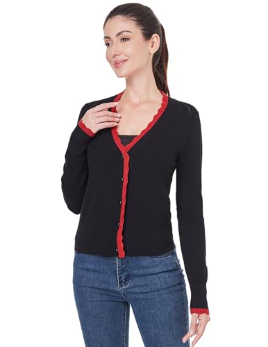 Image of AmelieBoutik Women Lightweight Button Down Long Sleeve Casual V Neck Color Trim Soft Knit Fall Cardigan Sweater Tops