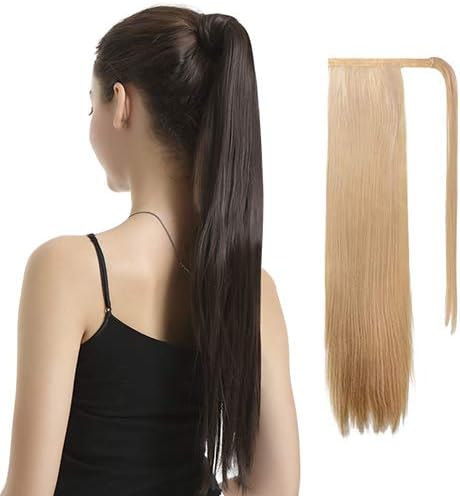27H613#Strawberry Blonde Mix Bleach Blonde Unevenly: Barsdar 26" Long Straight Ponytail Extension Wrap Around Synthetic Ponytail Clip In Hair Extensions One Piece Hairpiece Bindin