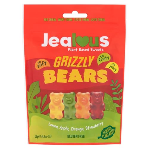 JEALOUS SWEETS Lemon Apple Orange Strawberry Gummy Grizzly Bears (1 x 125g Share Bag) Vegan Gluten & Dairy Free Gummies. Tasty Natural Fruit Chewy Treats. No Artificial Colour, Gelatine Free Gums