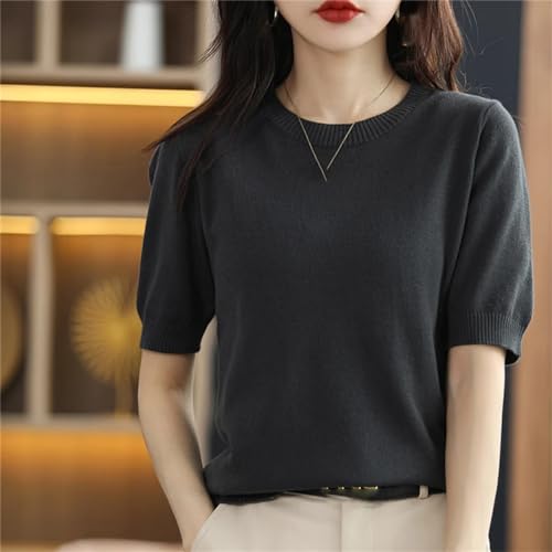 T-shirt tricoté en coton fin Kelsiop pour femme avec col rond et coupe ample d'été - 7