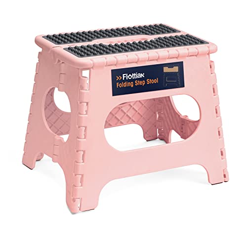 Image of Flottian 11 inch Folding Step Stool for Adults and Kids Holds Up to 300 lbs,Non-Slip Folding Stools with Portable Handle, Compact Plastic Foldable Step Stool for Bathroom,Bedroom, Kitchen Sakura Pink