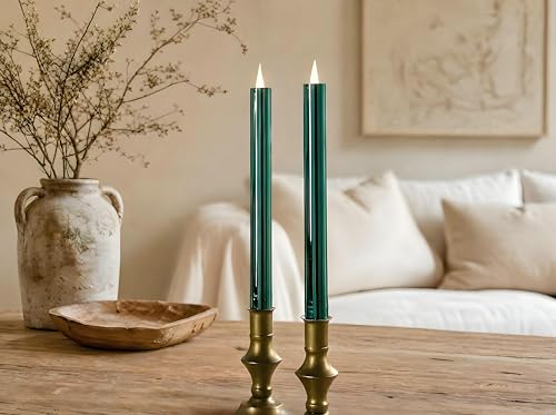 Image of Flameless Taper Candles Flickering with Remote and Timer, 3D Moving Flame Taper Candle Battery Operated to 400 Hours, 9 Inch Window Candles(High Shine Green)
