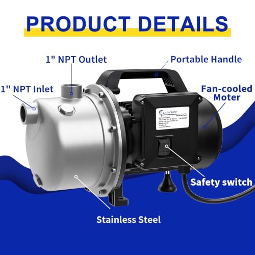 Image of LANCHEZ 1 HP Shallow Well Pump, 1500 GPH Stainless Steel Garden Irrigation Pump, 115V Water Transfer Pump, Water Booster Jet Pump for Home Garden Lawn Farm, Jet black