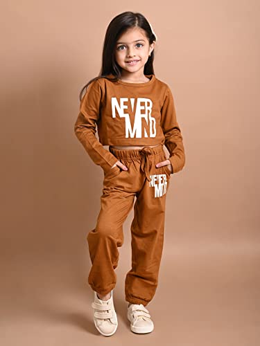 Image of LILPICKS Girls Never Mind Printed Crop Top with Jogger Set (Beige)