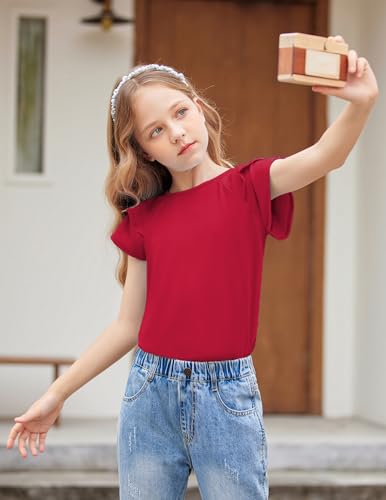 Image of Girls T Shirts Ruffle Short Sleeve Round Neck Loose Blouse Summer Solid Color Casual Girl Tee Tops for 3-12 Years