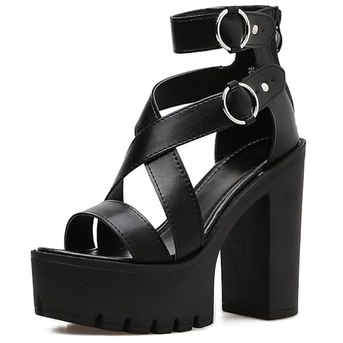 Womens High Chunky Heel Ankle Strap Goth Sandals,Comfort Cutout Open Toe Block Heel Multi Buckle Roman Gladiator Sandals Fashion Party Dress Platform Studded Punk Sandals Back Zipper
