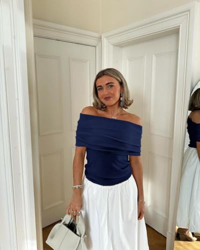 Imily Bela Women's Off The Shoulder Sweaters Casual Knit Sleeveless Summer Y2K Going Out Tops Blouses Navy Blue — view 6