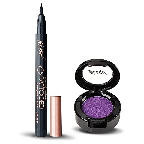 Skone Cosmetics Tattooed Eyeliner & Gems Eyeshadow Bundle Duo - Smudge-Proof Tattoo Eyeliner & Long-Lasting, Ultra-Blendable Eye Shadow Makeup - Purple Eyeshadow & Black Waterpoof Eyeliner Cover