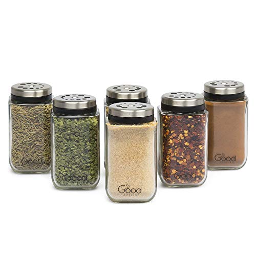 Adjustable Glass Spice Jars- Set of 6 Seasoning Shaker Rub Container Tins with 6 Pouring Sizes