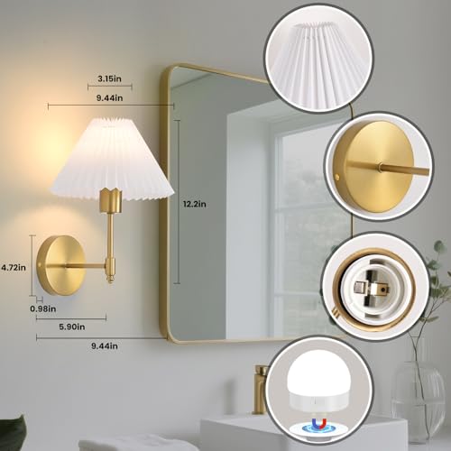 Image of Battery Operated Wall Sconces Set of 2, Gold Rechargeable Wall Lights with Remote, Dimmable Wall Lamp with Pleated Shade,15 Colors Wireless Bathroom Wall Sconce for Bedroom Living Room Hallway