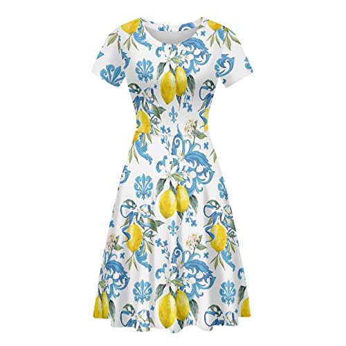 Biyejit 3D-Druck-Kleider für Damen, kurzärmelig, lässig, fließend, Swing-Kleider, Party-Flare-Kleid, Zitrone Floral, Small