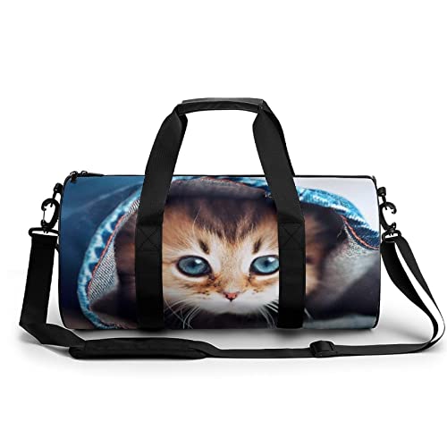 ジーンズのかわいい猫 ジムバッグ 円筒型 のスポーツバッグ ハンドバッグヨガフィットネスショルダーバッグトートを