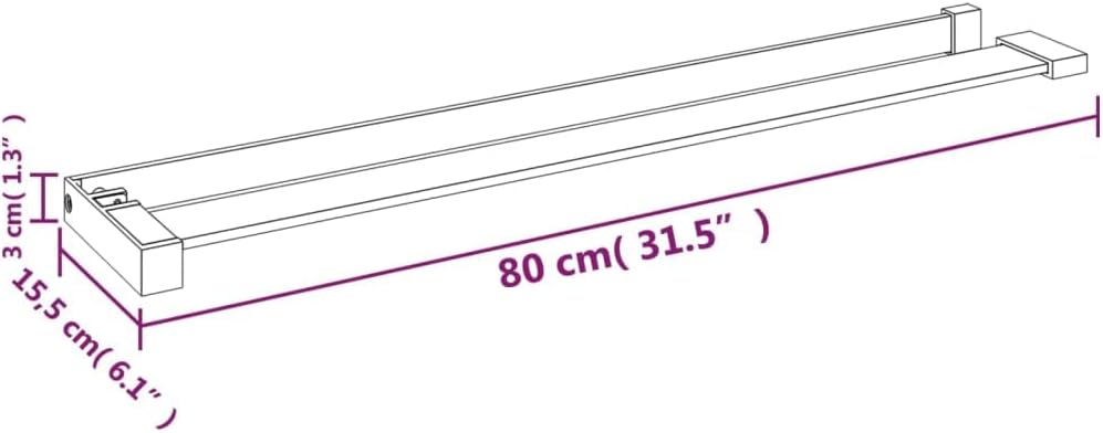 Diagram showing the dimensions of the vidaXL shower shelf: 80 cm (31.5 inches) length, 15.5 cm (6.1 inches) width, and 3 cm (1.3 inches) height.