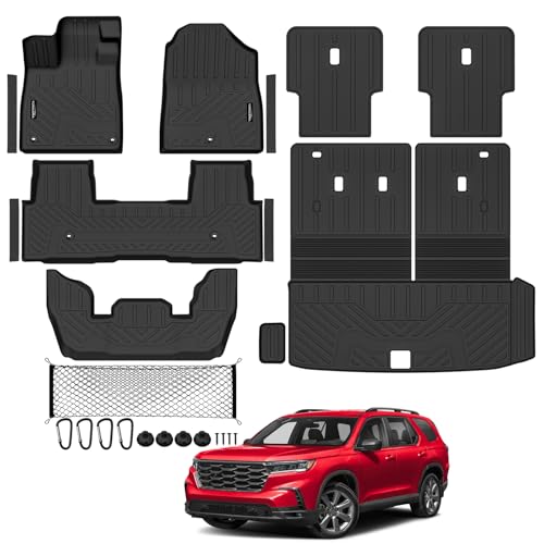 Tongama-Floor Mats for 2023-2025 2026 Honda Pilot All Weather TPE Trunk Mat with Backrest Mat & 2nd Row Backrest Mats Protector & Cargo Net & Door Sill Guards for Honda Pilot Floor Liner Accessories