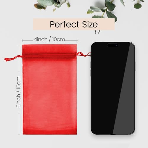 Image of Meowoo 100PCS Organza Bags, 4x6in Small Mesh Bags Drawstring, Mesh Gift Bags Drawstring for Jewelry, Candy, Christmas, Sachets, Festivals, Bathroom Soaps, Makeup Organza, Wrapping Supplies(red)