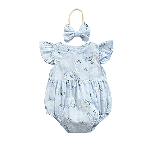 Image of Newborn Baby Girl Romper Floral Ruffle Sleeveless Jumpsuit Cotton Bodysuit with Headband Summer Clothes Outfit