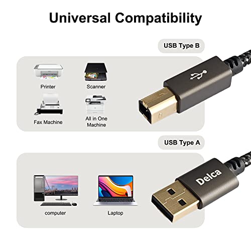 Prime Delca Printer Cable 6 Feet/1.8 Meters I Nylon Braided USB 2.0 Cable Type A Male to Type B Male Scanner Printer Cord I Compatible with Canon, Brother, Epson, Samsung, Hp, Dell... - Image 2