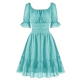tagunop Women's 2026 Summer Casual Dress Smocked Square Neck Mini Dresses Ruffle Short Sleeve Sundress Turquoise L