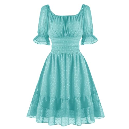 tagunop Women's 2026 Summer Casual Dress Smocked Square Neck Mini Dresses Ruffle Short Sleeve Sundress Turquoise L