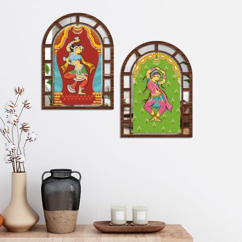 Image of Artvibes Indian Dancer Decorative Wall Hanging | Ethnic Jharokha Mirror Wall Hanging for Living Room, Hall, Bedroom, Lobby, Dining Area & Entrance | Gift (WHJ 12041N), Set of 2