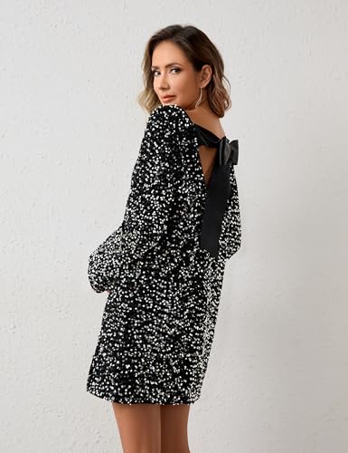 Womens Long Sleeve Sparkly Sequin Mini Dress Backless Bow Tie Short Dress Loose Fit Party Cocktail Glitter Dresses2