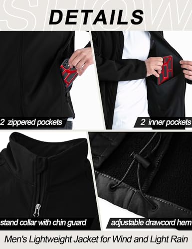 Image of Yasumond Mens Windbreaker Softshell Jacket Fleece Lined Full Zip with Stand-Up Collar Coat Waterproof Lightweight Outdoor Casual Track Jacket for Hiking Fishing Golf Black L