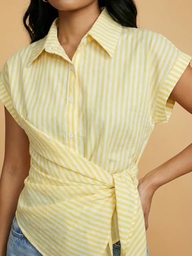Image of Women Striped Wrap Style Cotton Shirt Drop Shoulder Casual Wear
