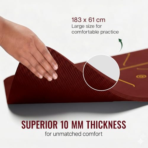 Image of WiseLife TRUE Body Alignment Yoga Mat with Strap - Extra Wide 10mm Non-Slip ECO TPE Exercise Mat for Yoga, Pilates, Home Workout & Gym - Alignment Lines, Eco Friendly (Wine)