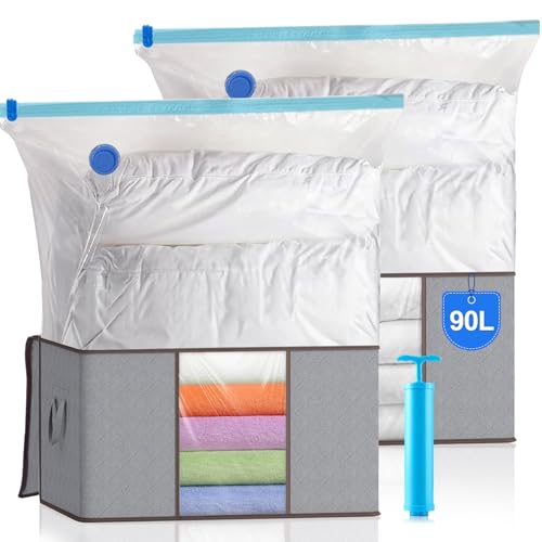 2 Stück 90L aufbewahrungstasche Groß mit 2 vakuumbeutel für bettdecken und 1 Handpumpe, Verstärkt Griff aufbewahrungstasche für bettdecken Kleidung Bettwäsche Kissen