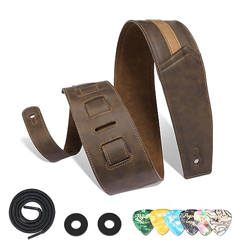 POGOLAB Leather Guitar Strap, 3 inch Wide Comfortable Foam Cushion Padded Bass Strap, Adjustable Length from 51" to 57", with Strap Locks & Picks, for Bass/Electric/Acoustic Guitar (Brown)