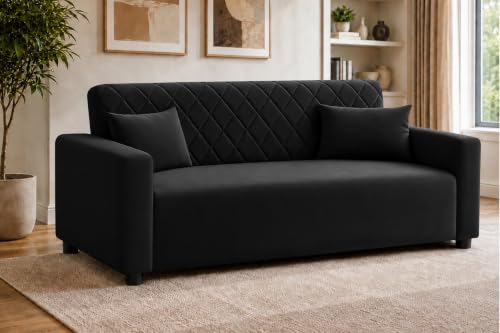 Image of Rosebell 3 Seater Wooden Sofa for Living Room, Modern Fabric Upholstered Sofa with Quilted Backrest, Cushioned Seating, Padded Armrests & Sturdy Wooden Frame - Black