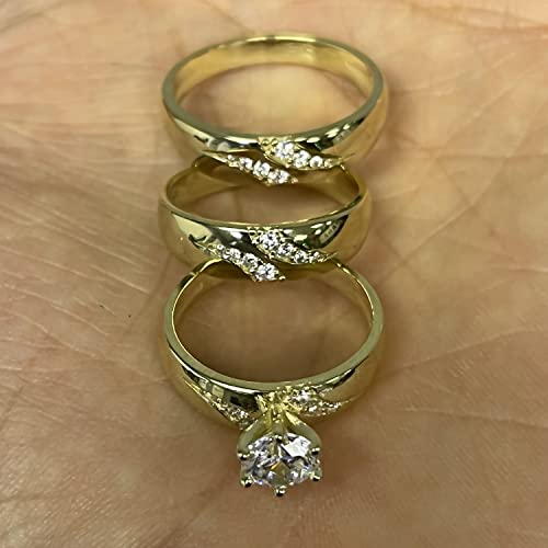 Trio Rings Set 14K Yellow Gold- 3-Piece Wedding Engagement Rings Band For Her And Him - Round Cubic Zirconia Cz For Couple Mens And Women - Anillos De Matrimonio. (Ladies Size 6.5 – Men’s Size 9.5) #TOP1