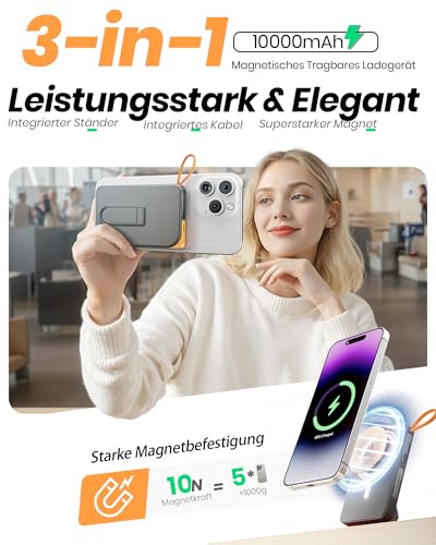 2026 Power Bank für MagSafe 10000mAh, 3 in 1 Magnetische Schnellladen PowerBank for Phone Air 17/16/15/14/13/12… – Ansicht 2