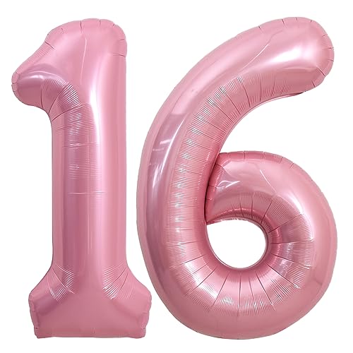 Image of TONIFUL 40 Inch Light Pink Large Numbers Balloons Number 16 Helium Balloons Pink Foil Mylar Big Digital 16 Pastel Balloons for 16th Birthday Party 16th Anniversary Supplies Decorations
