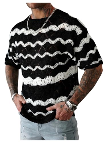Men's Striped Crochet Knit Tops Hollow Out Crew Neck Short Sleeve Pullover Sweater Casual Knitwear