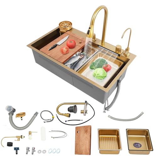 Fregadero de cocina de acero inoxidable, 80 x 46 cm, 1 lavabo, fregadero de bar multifuncional con grifo extensible, lavadora de tazas y juego completo de accesorios (dorado, 80 x 46 x 22 cm)