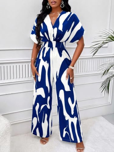 Image of PerZeal Women's V-Neck Short Sleeve Printed Jumpsuit with Pockets - Casual Wide Leg One-Piece Romper for Summer（S-XXL）