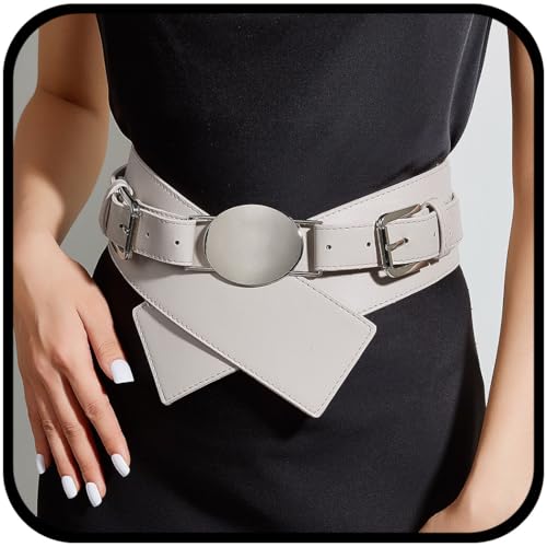 Urieo Vintage Double Buckle Leather Belt Grey Retro Waist Belts Wide Western Cowgirl Dress Dresses Ladies Costume Cinch Belt for Women