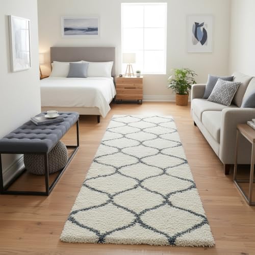 Image of Carpet for Hallway, Kitchen, and Modern InteriorsCarpetCozy Shag Runner for Living Room, Bedroom & Office Decor ETC Size 2x7 feet, Patten-Solid Ivory Blue M