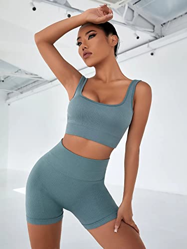 Abociw Women Yoga Outfits 2 Piece Sets Ribbed Seamless Workout High Waist Running Biker Shorts And Padded Sport Bra Tank Tops Sets Activewear Tracksuits Gym Clothes Teal Large #TOP2