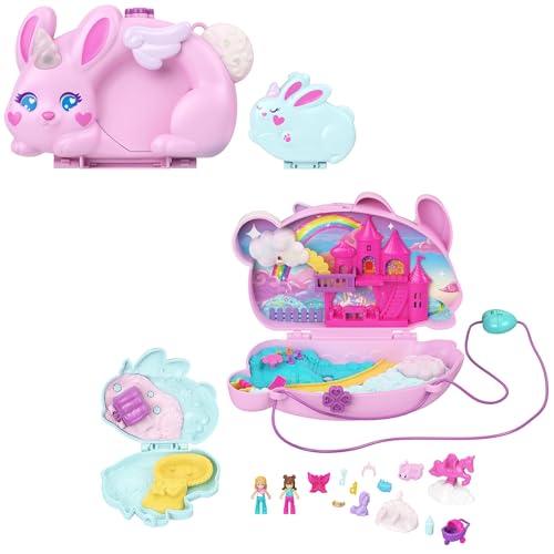 Polly Pocket tragbares Reisespielzeug mit 2 Mikropuppen und 12 Zubehörteilen inklusive Tieren, 2-in-1-Spielset Bunny Fun Taschen-Schatulle, Thema Häschen-Einhorn, JFT88